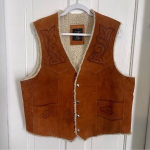 Boho Hippie Western Cowboy Leather  Vest Horse Etched Brown Suede Vintage XL